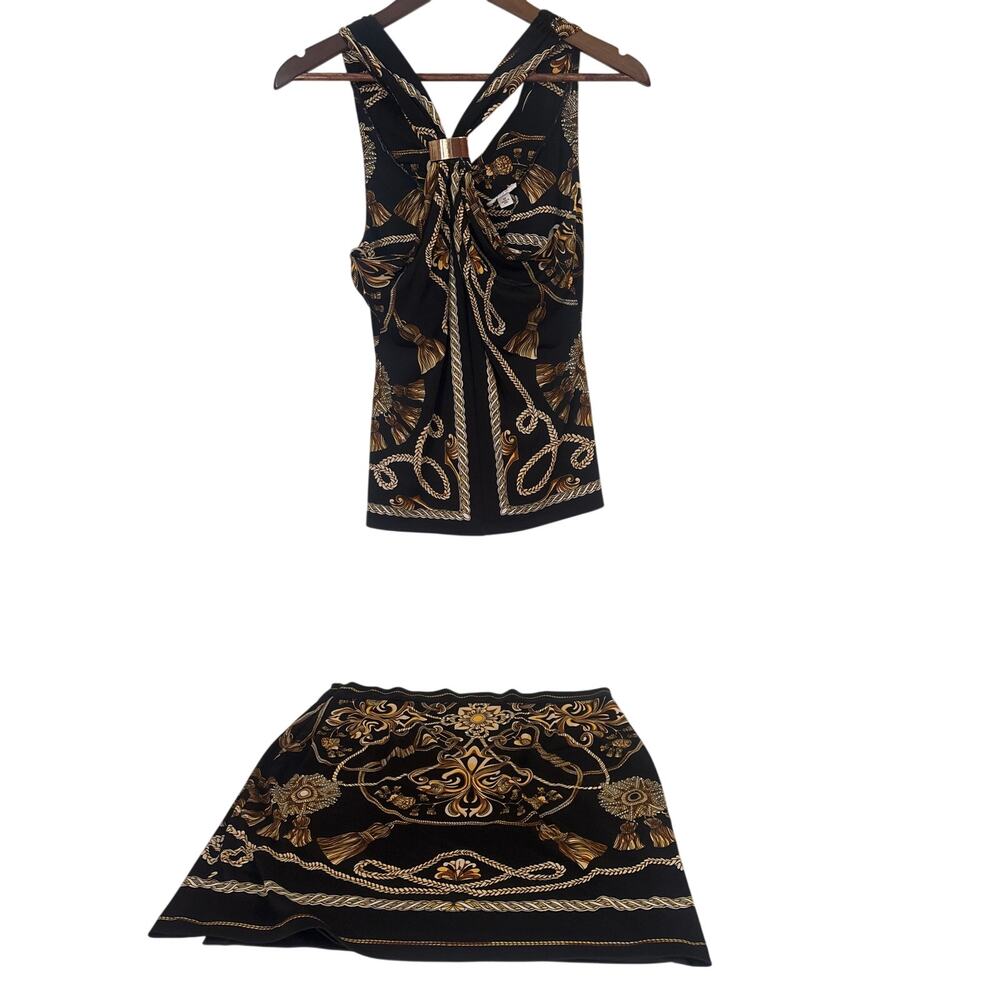 Womens Cache' 2 Piece Skirt/Top Set Black and Gold Size 8